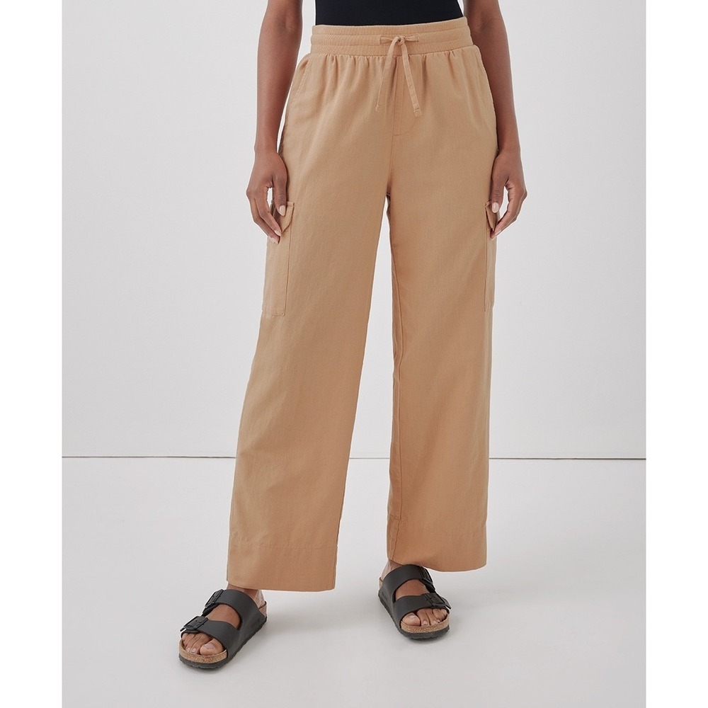 Pact Cargo Pants Women XL Orange Tan Organic Cotton Linen‎ Wide Leg Drawstring